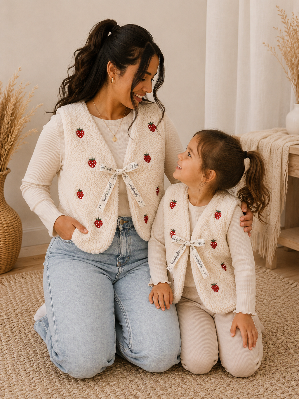 Partnerlook Teddyweste Mama & Kind – Wendeweste mit Erdbeermuster | Handmade Fotoshooting-Outfit