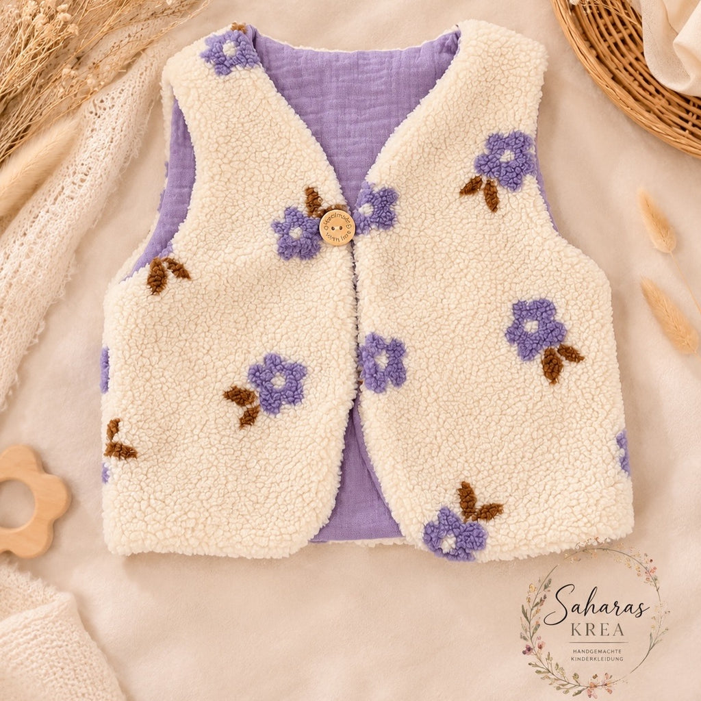 Partnerlook Teddyweste Mama & Kind – Wendeweste mit Blumenmuster in Flieder | Handmade Fotoshooting-Outfit