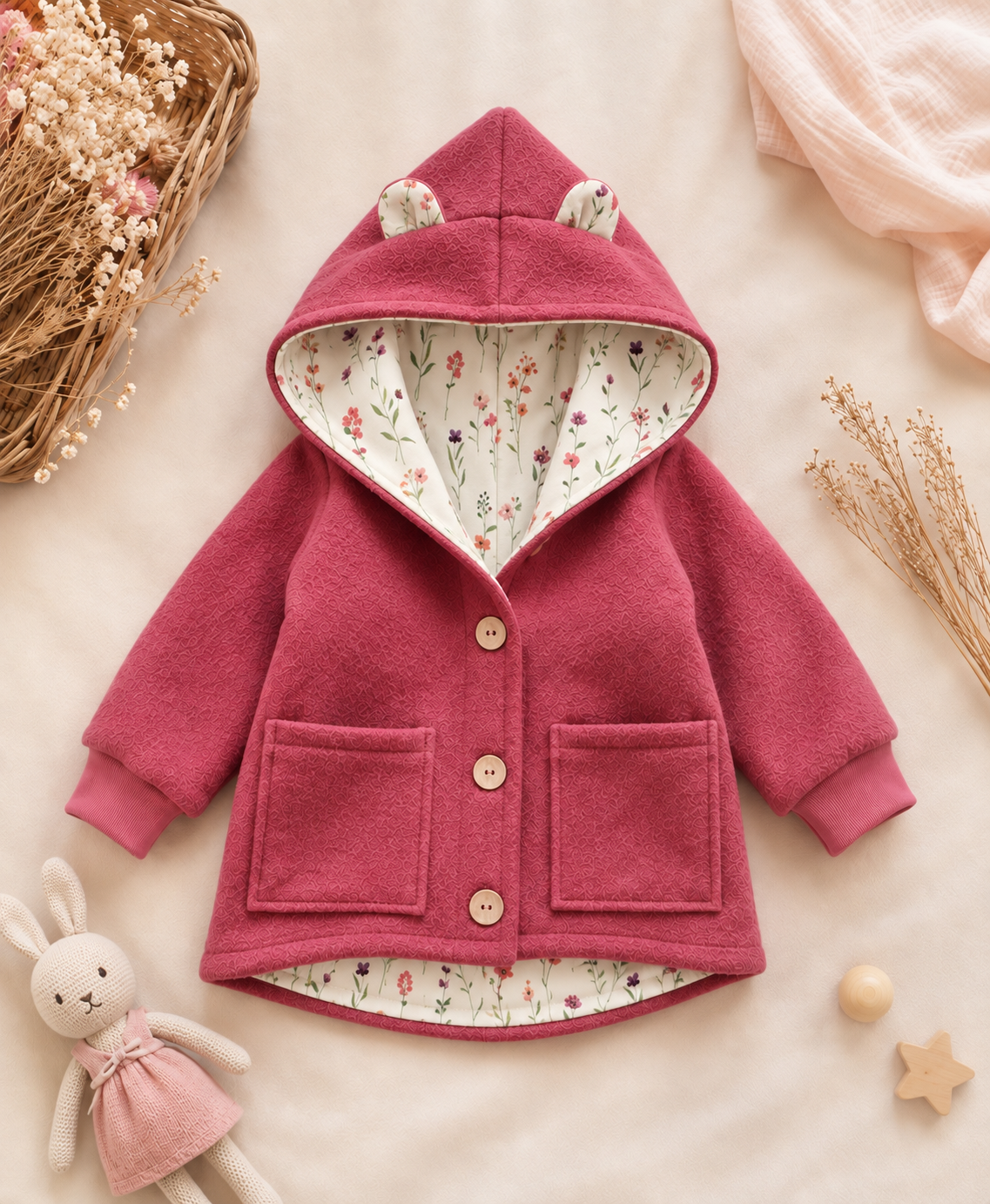Walkjacke Kinder Dunkel Altrosa – Handmade Jacke | Ohren & Reißverschluss optional