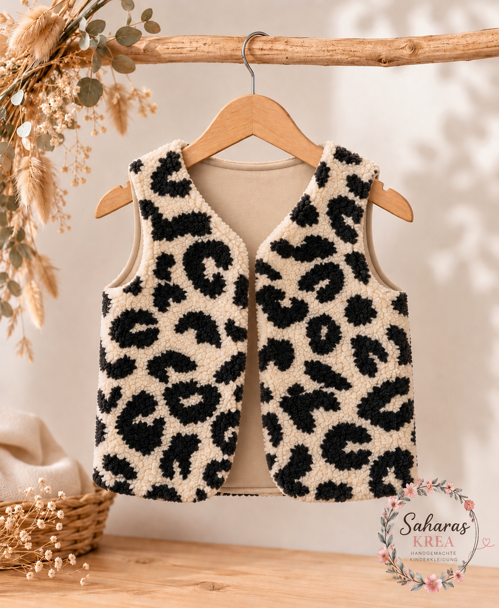 Handmade Teddyweste Leo Schwarz/Cremefarbe – Baby- & Kinderweste mit weichem Baumwolljersey