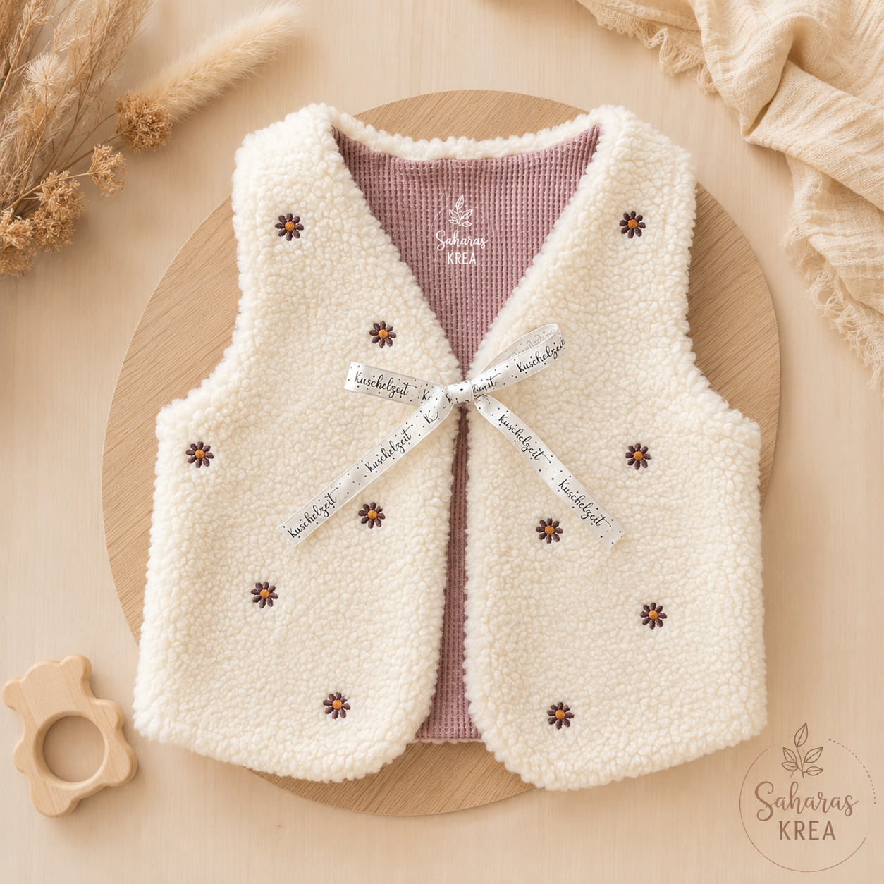 Handmade Teddyweste mit bestickten Blumen – Baby- & Kinderweste mit Baumwolljersey