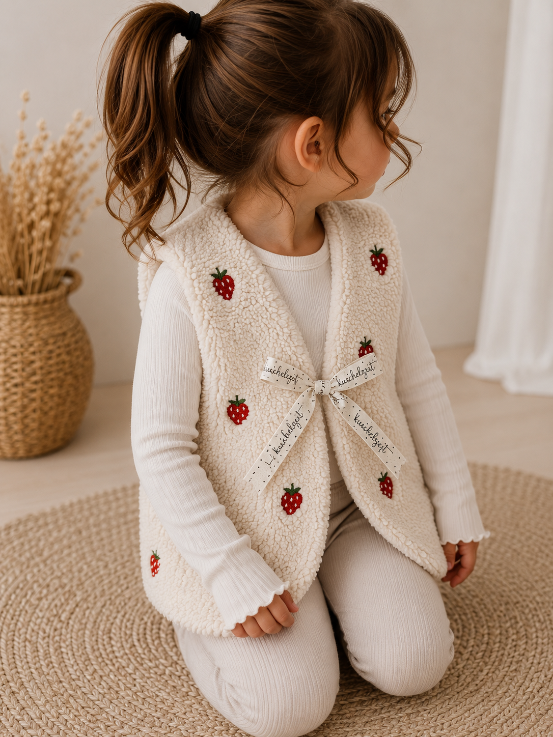 Partnerlook Teddyweste Mama & Kind – Wendeweste mit Erdbeermuster | Handmade Fotoshooting-Outfit