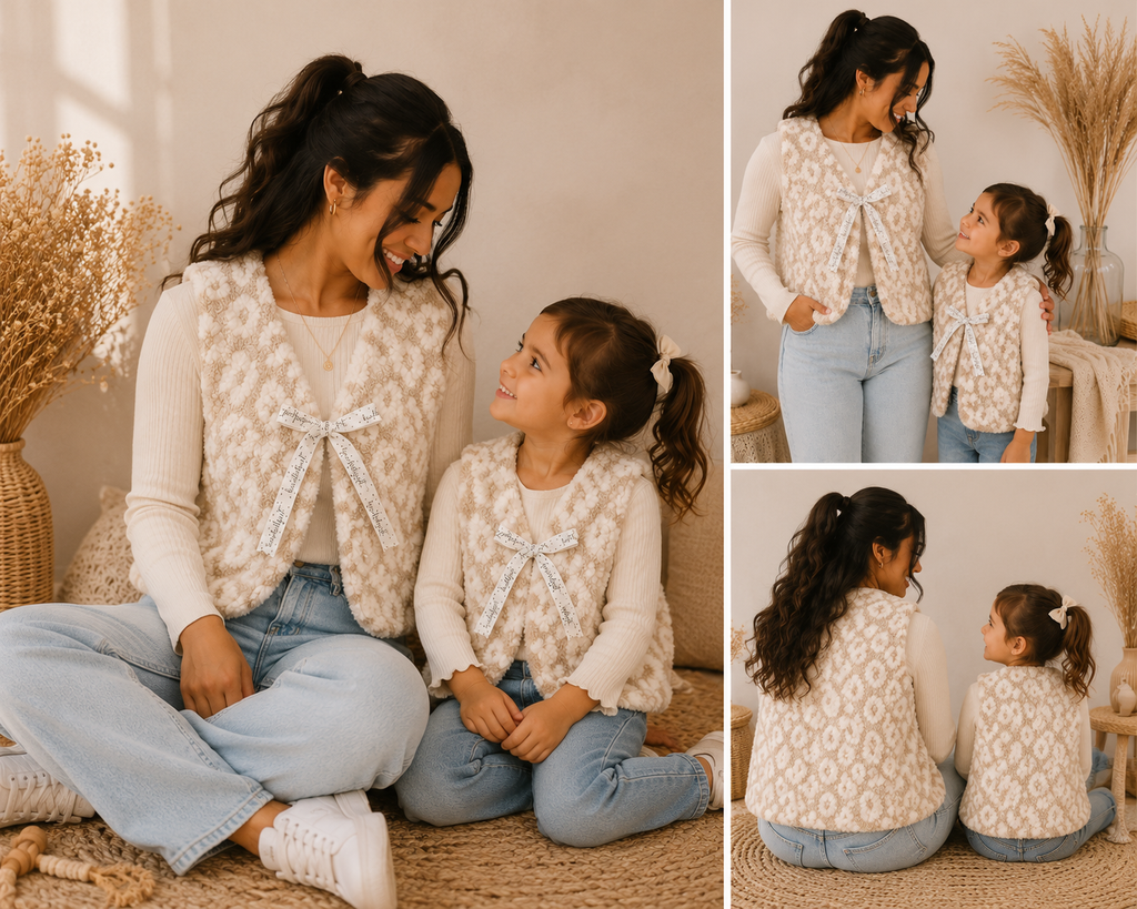 Teddyweste Mama & Kind im Partnerlook – Leo Beige | Handmade Wendeweste