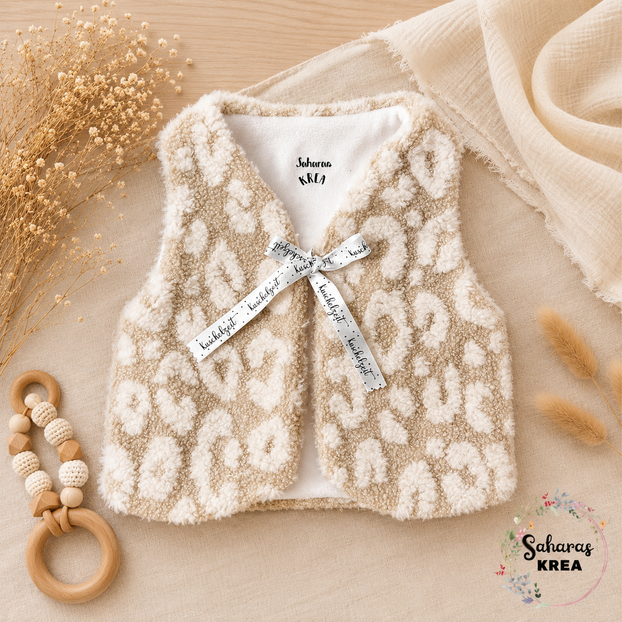 Teddyweste Mama & Kind im Partnerlook – Leo Beige | Handmade Wendeweste