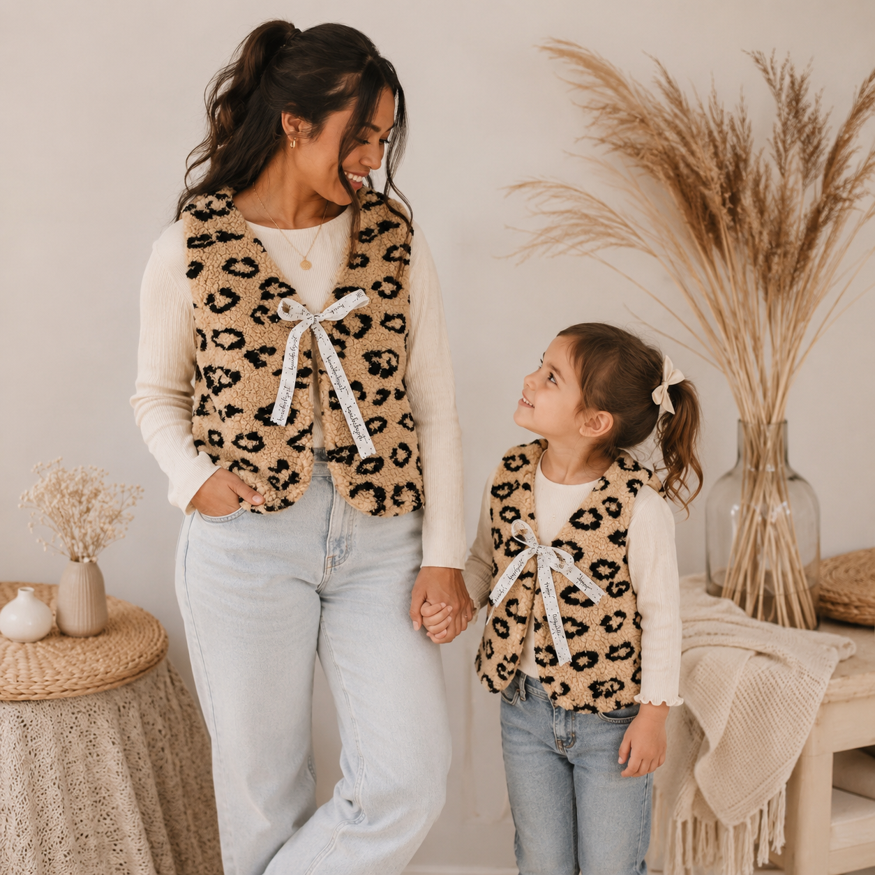 Partnerlook Teddyweste Mama & Kind – Wendeweste Leo Hellbraun | Handmade Fotoshooting-Outfit