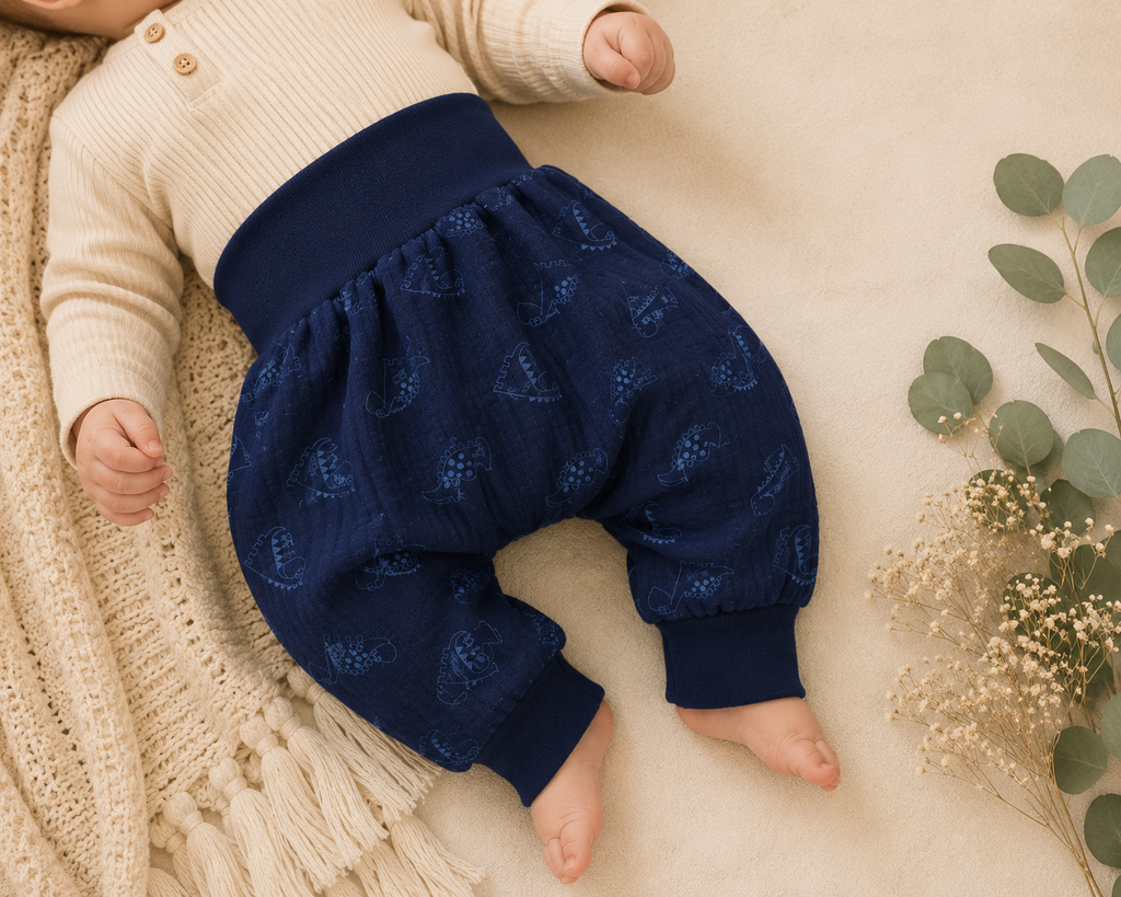 Musselin Pumphose Dino Dunkelblau – Handgemachte Mitwachshose für Babys & Kinder