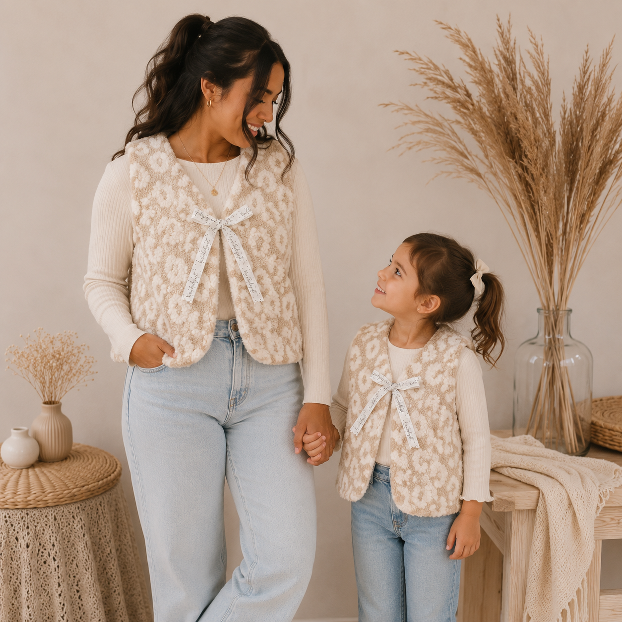 Teddyweste Mama & Kind im Partnerlook – Leo Beige | Handmade Wendeweste