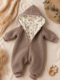 Wollwalk Overall aus Schurwolle in taupe – mit Baumwolljersey | Baby Walkanzug mit Kapuze
