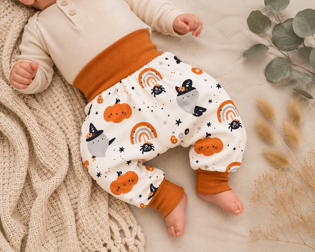 Pumphose Baby & Kind mit Kürbis Halloween– Mitwachshose aus Baumwolljersey – Handmade 🎃👻🧡