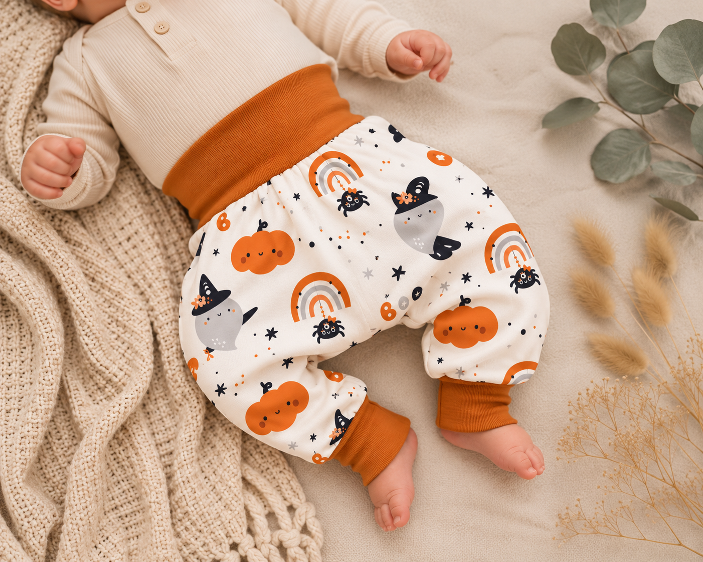 Pumphose Baby & Kind mit Kürbis Halloween– Mitwachshose aus Baumwolljersey – Handmade 🎃👻🧡