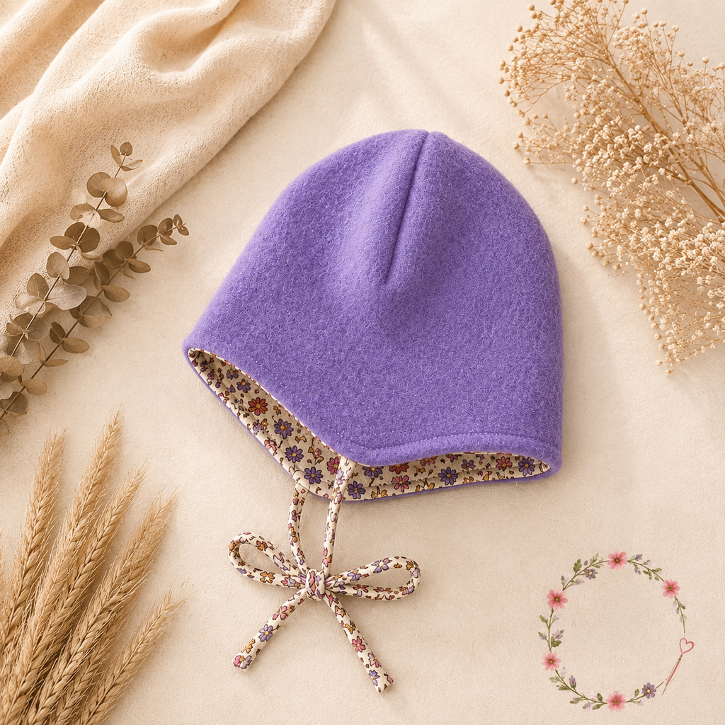 Walkmütze Baby Lavendel mit Wildblumen | Handmade | 100% Schurwolle mit Bauwolljersey gefuttert