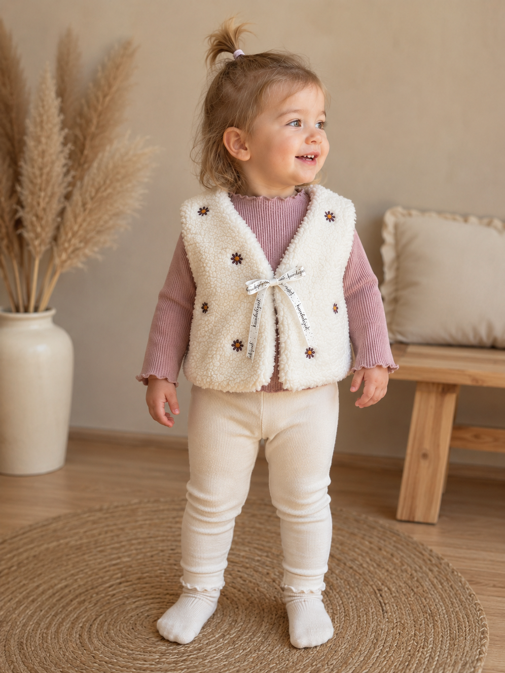 Handmade Teddyweste mit bestickten Blumen – Baby- & Kinderweste mit Baumwolljersey