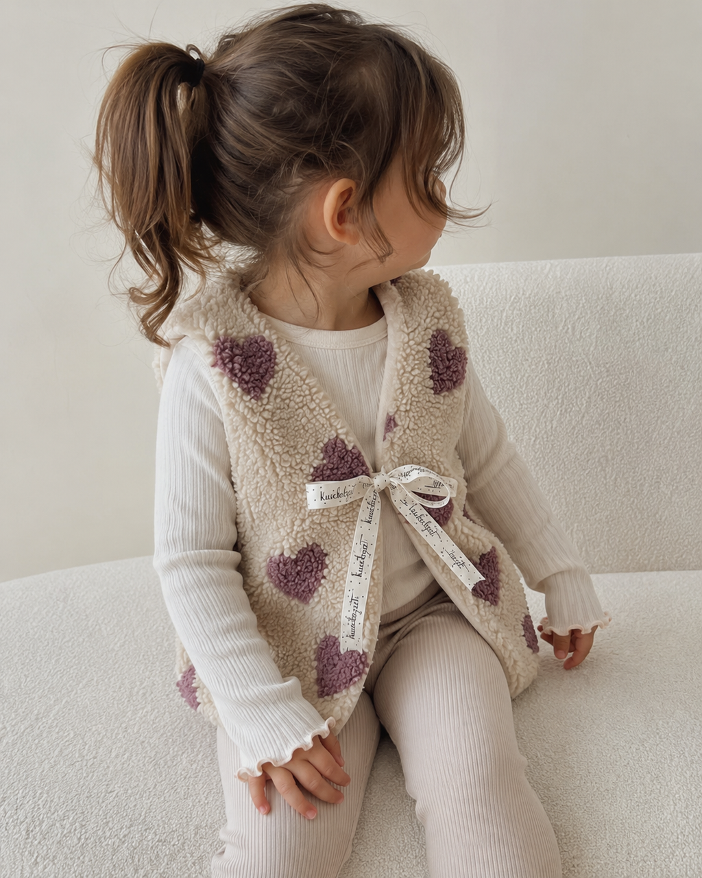 Handmade Teddyweste in Ecru mit Herzen – Musselin gefüttert (100 % Baumwolle) | Kinderweste