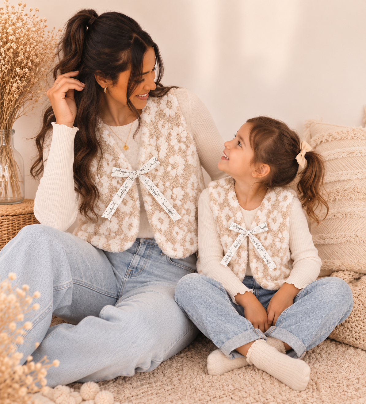 Teddyweste Mama & Kind im Partnerlook – Leo Beige | Handmade Wendeweste