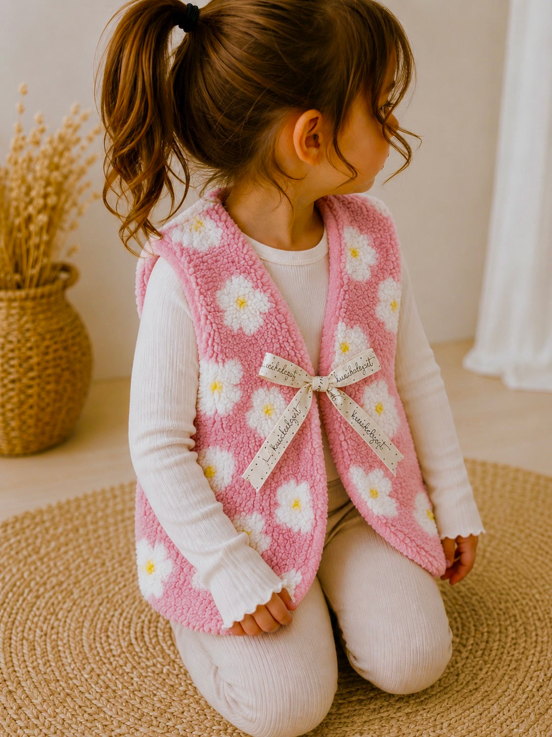 Teddyweste Blumen Rosa für Kinder – Kuschelweste aus Teddystoff | Handmade Unikat