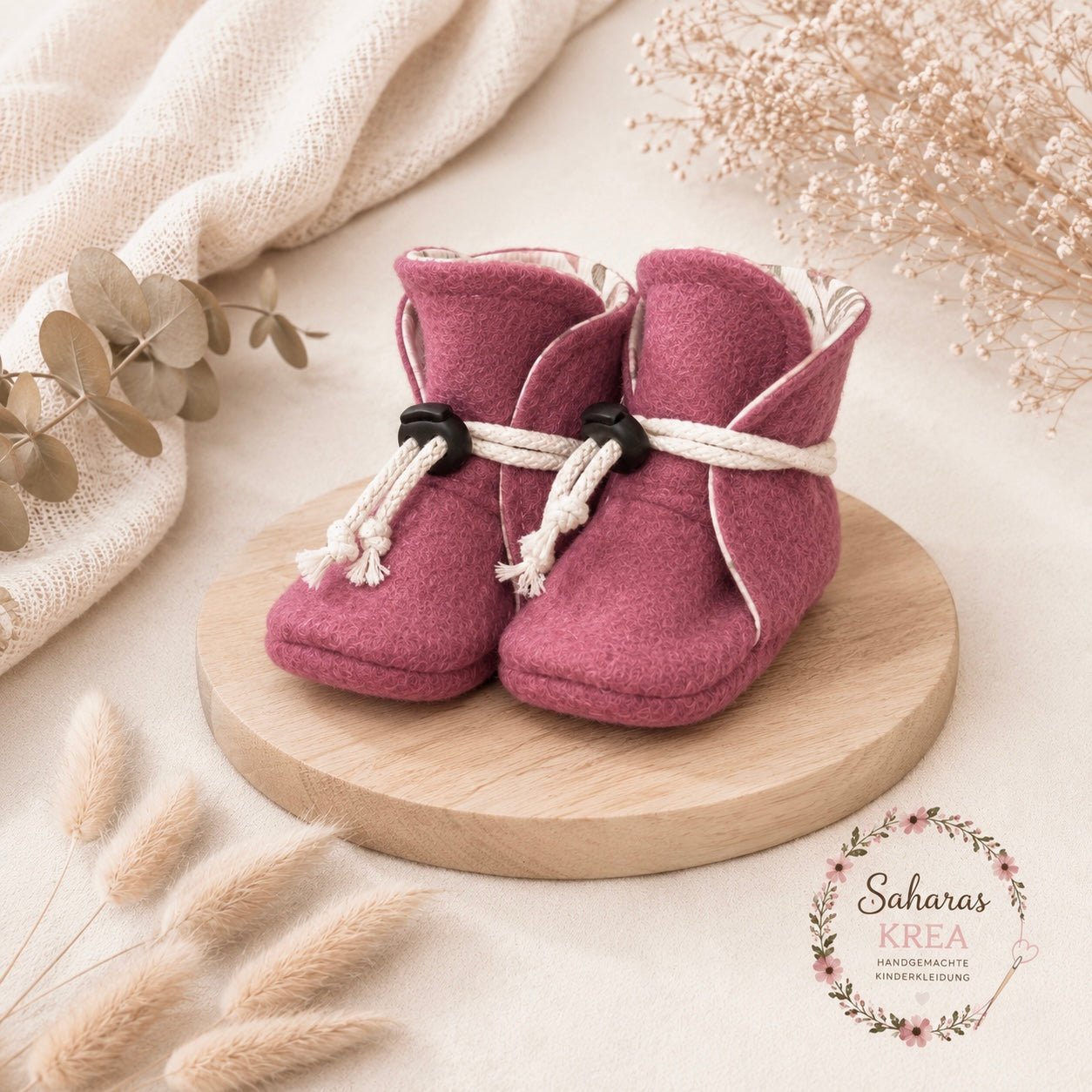 Babyschuhe Wollwalk Dunkel Altrosa – Babysocken aus Schurwolle mit Baumwolljersey