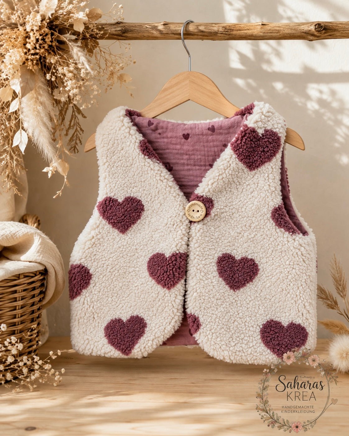 Handmade Teddyweste in Ecru mit Herzen – Musselin gefuttert (100 % Baumwolle) | Kinderweste