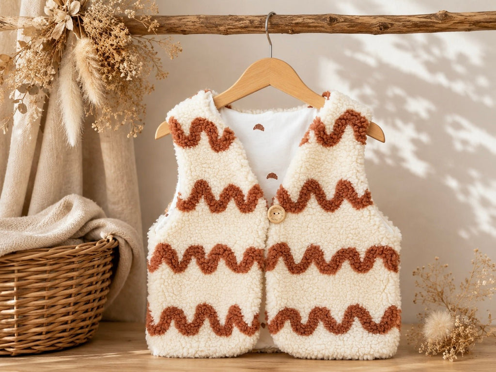 Teddyweste für Babys und Kinder mit Wellen Muster – Wendeweste aus Teddystoff & Baumwolljersey mit Croissant-Muster | Handmade