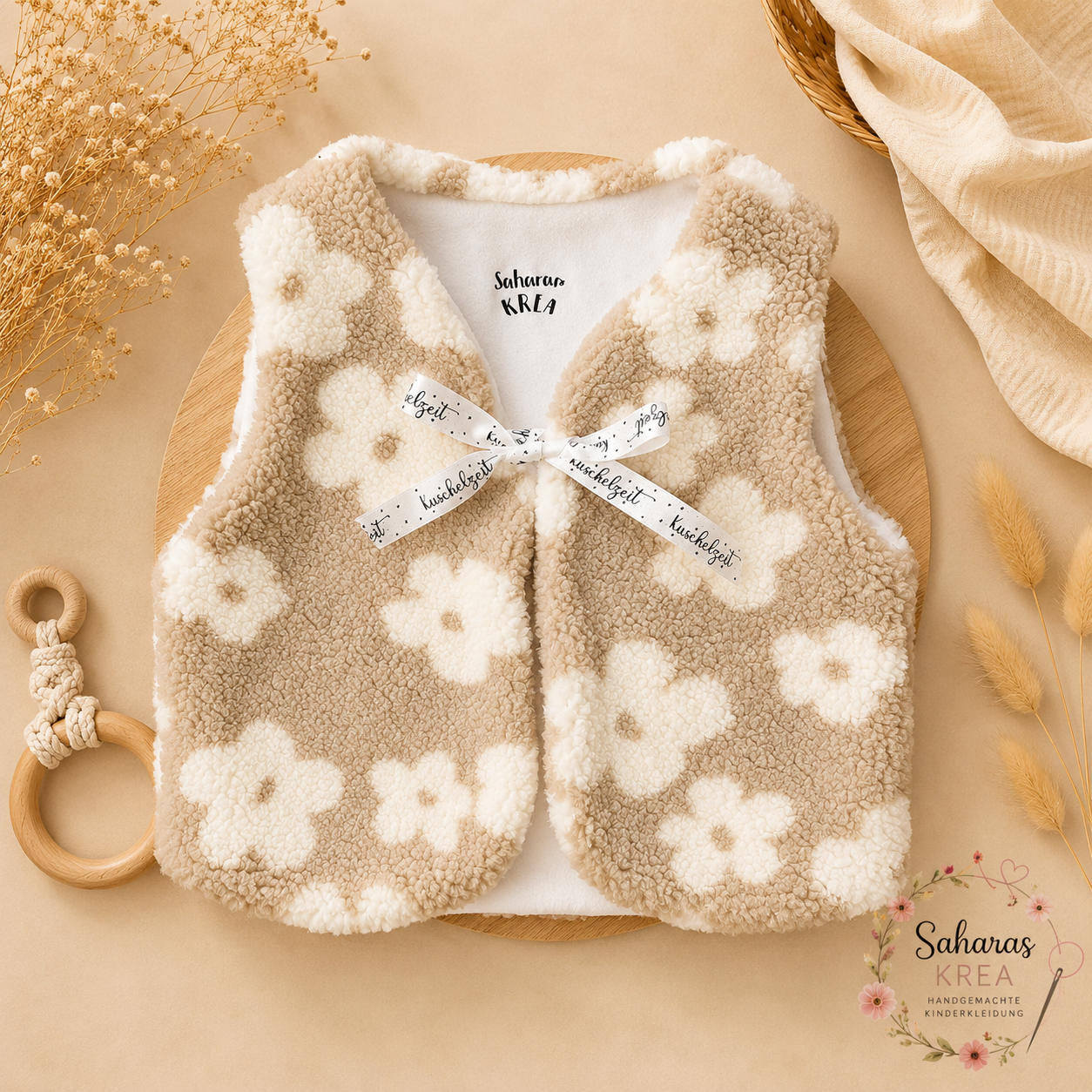 Handmade Teddyweste Blumen Sand – Baby- & Kinderweste mit Baumwolljersey
