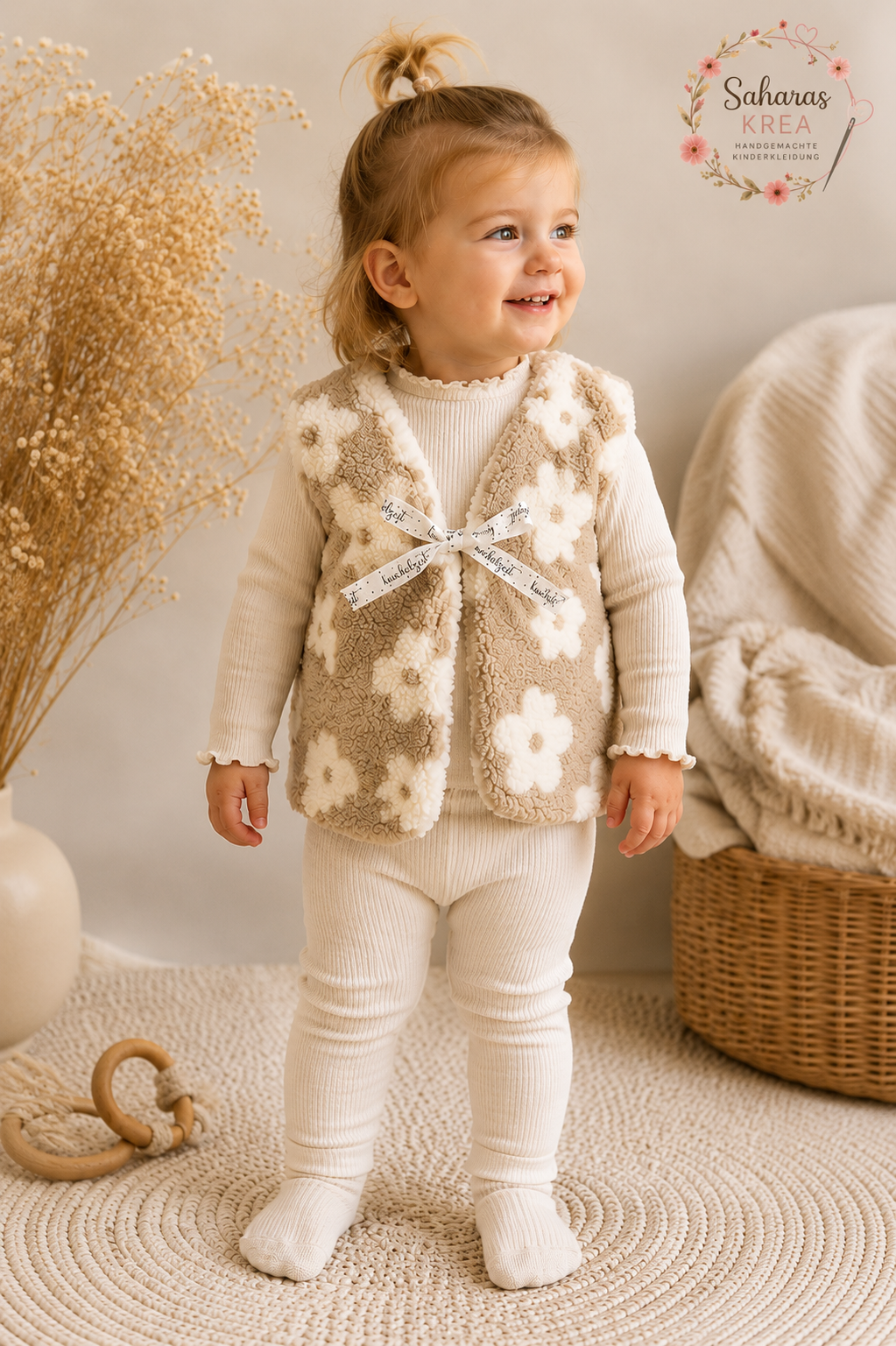Handmade Teddyweste Blumen Sand – Baby- & Kinderweste mit Baumwolljersey