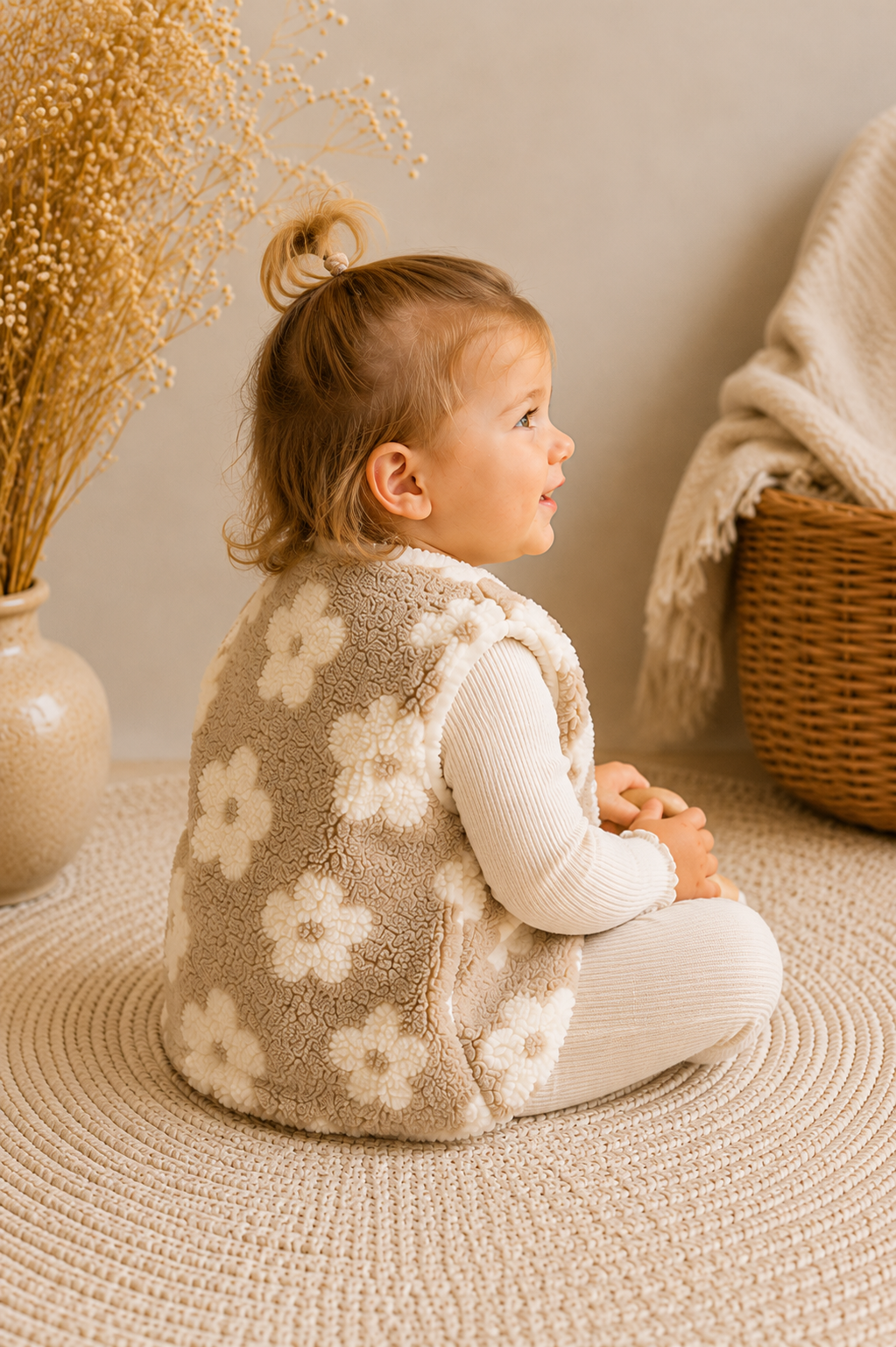 Handmade Teddyweste Blumen Sand – Baby- & Kinderweste mit Baumwolljersey