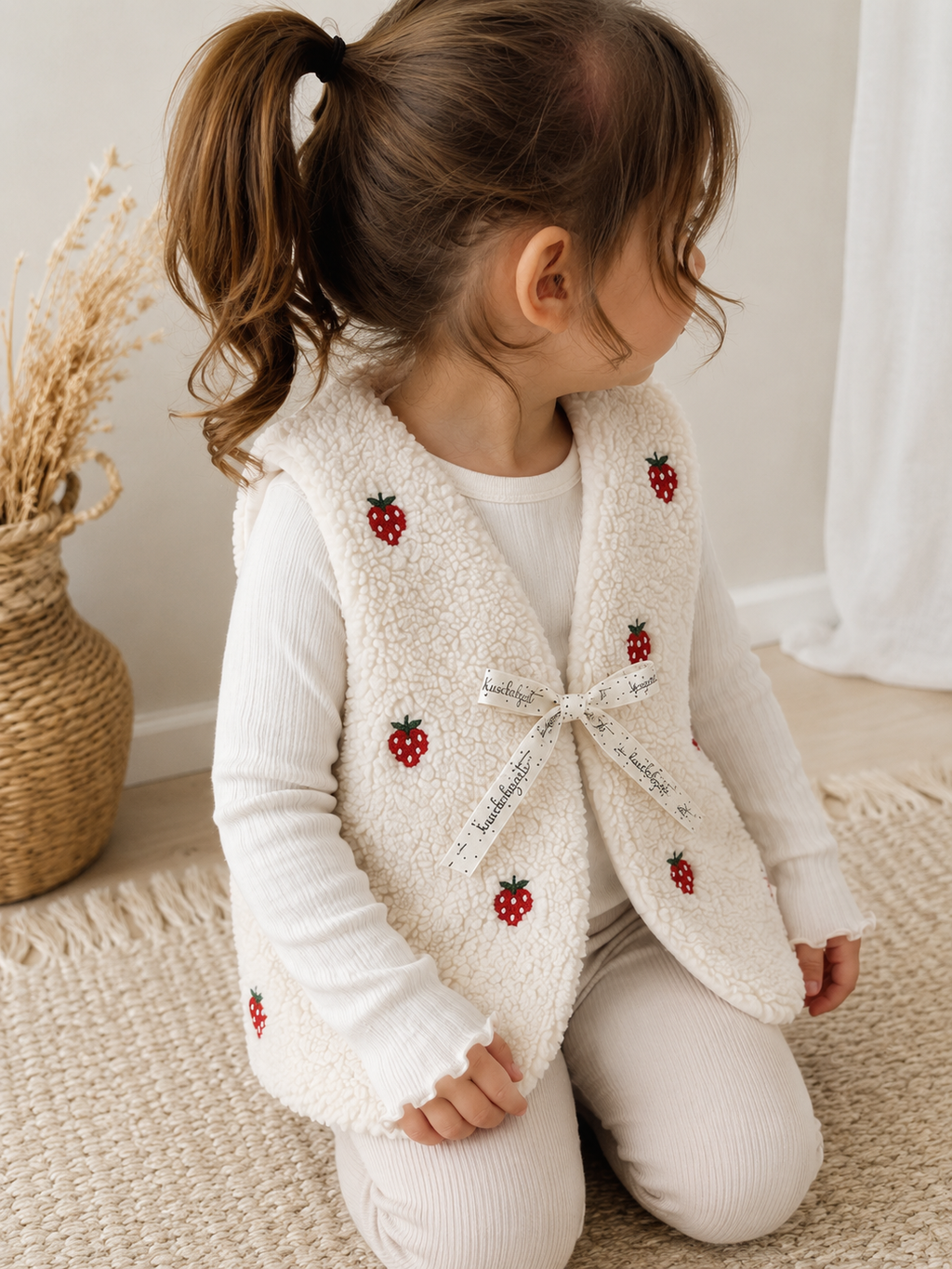 Handmade Teddyweste für Kinder – Erdbeer-Muster