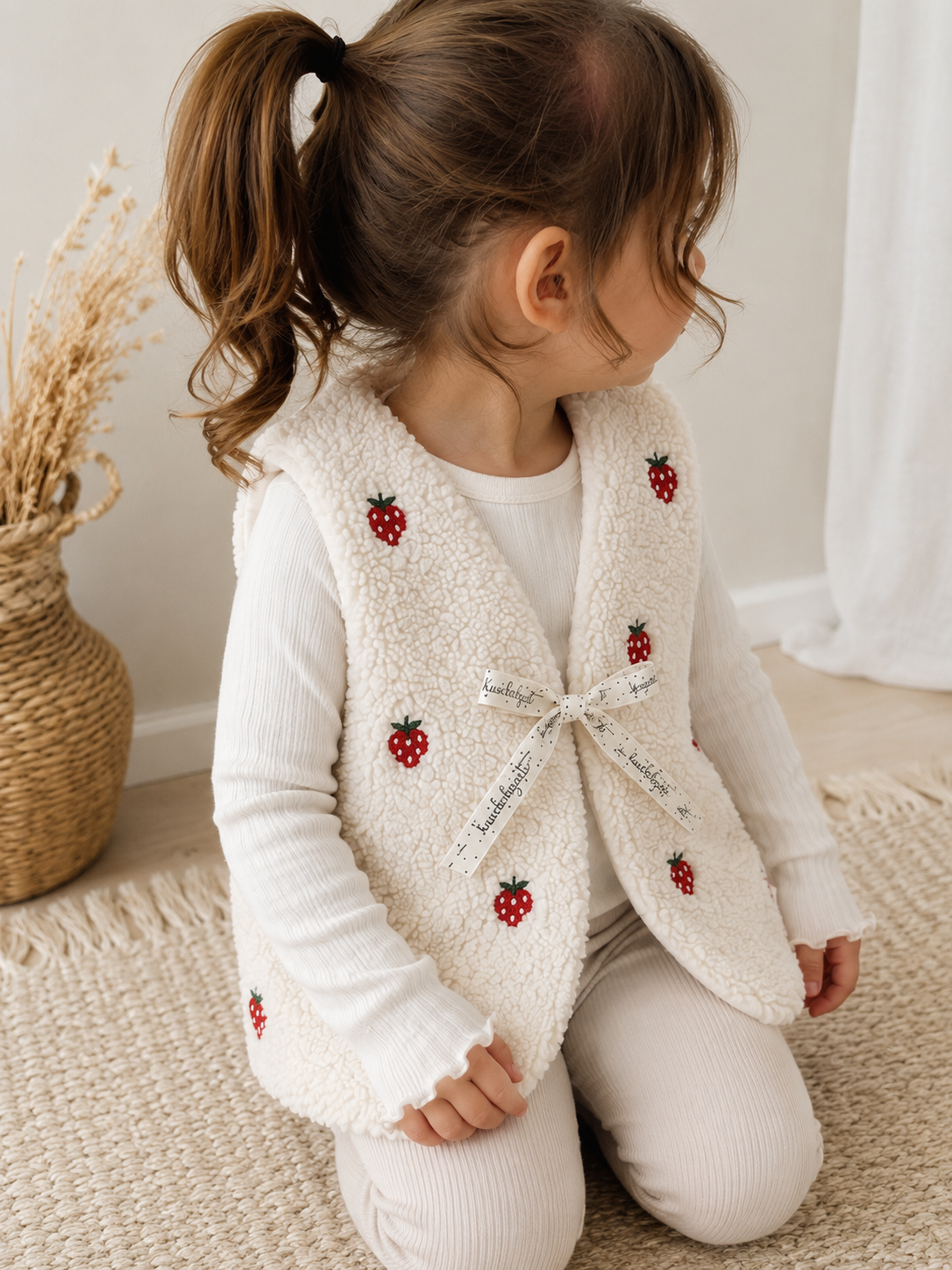 Handmade Teddyweste für Kinder – Erdbeer-Muster