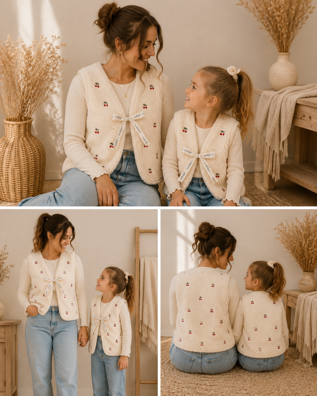 Partnerlook Teddyweste Mama & Kind – Wendeweste mit bestickten Kirschen | Handmade Fotoshooting-Outfit