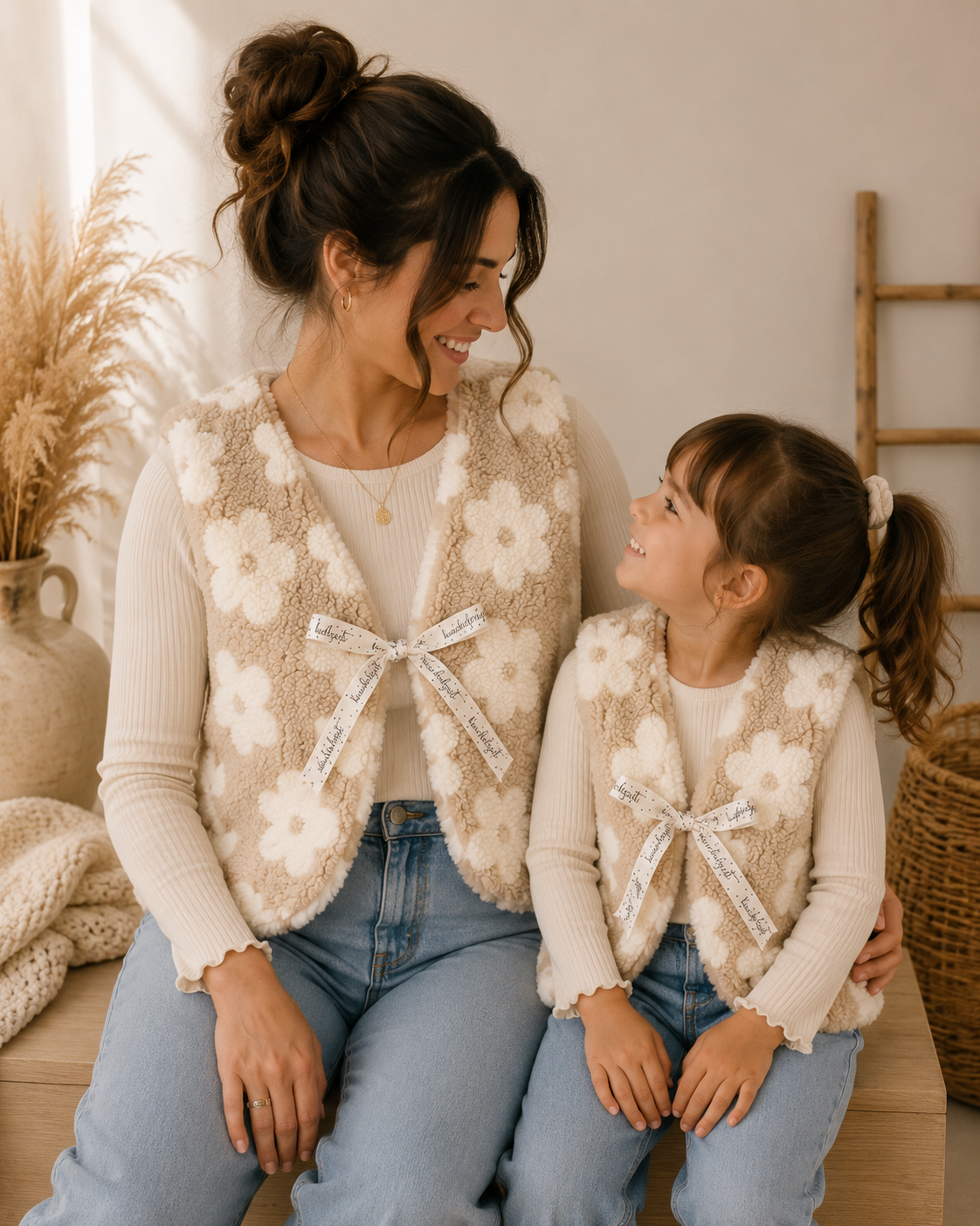 Partnerlook Teddyweste Mama & Kind – Wendeweste mit Blumenmuster Beige | Handmade Fotoshooting-Outfit