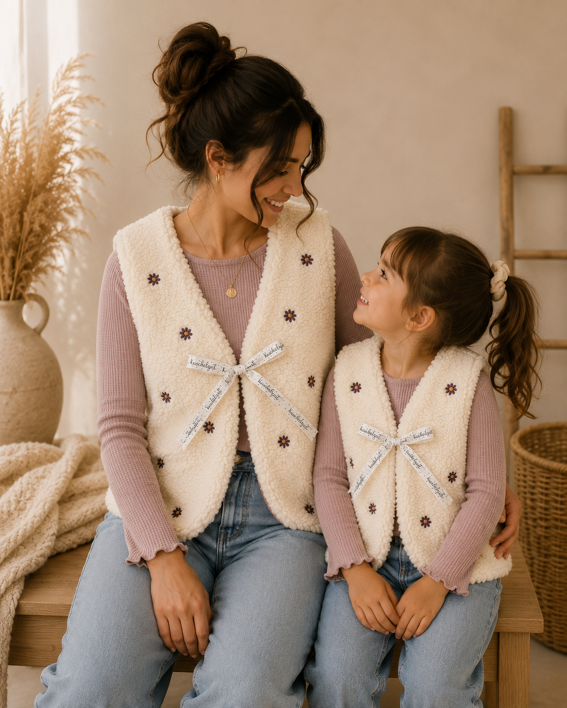 Partnerlook Teddyweste Mama & Kind – Wendeweste mit bestickten Blumen in Ecru | Handmade Fotoshooting-Outfit