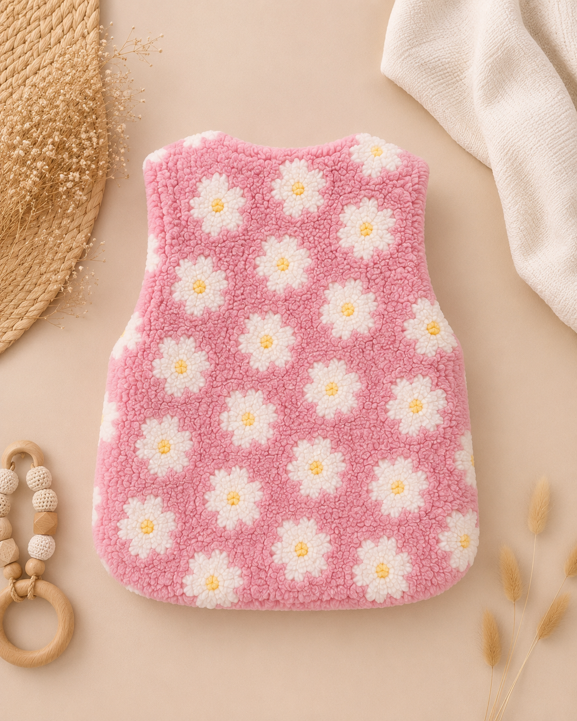 Teddyweste Blumen Rosa für Kinder – Kuschelweste aus Teddystoff | Handmade Unikat