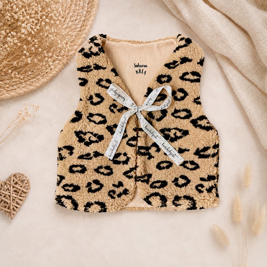 Partnerlook Teddyweste Mama & Kind – Wendeweste Leo Hellbraun | Handmade Fotoshooting-Outfit