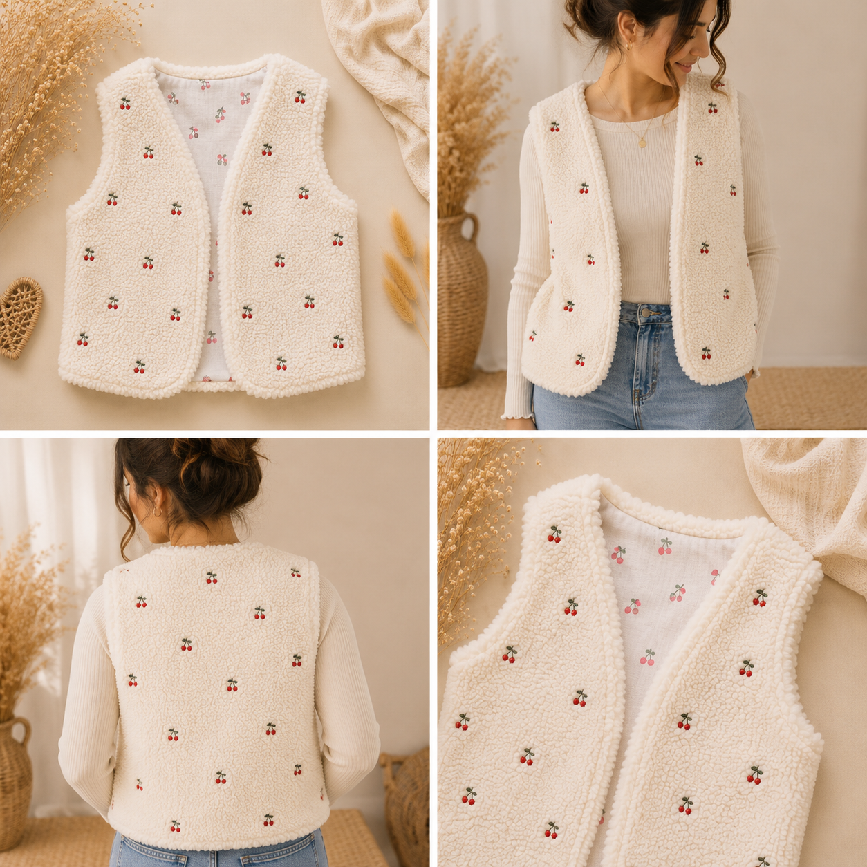 Partnerlook Teddyweste Mama & Kind – Wendeweste mit bestickten Kirschen | Handmade Fotoshooting-Outfit