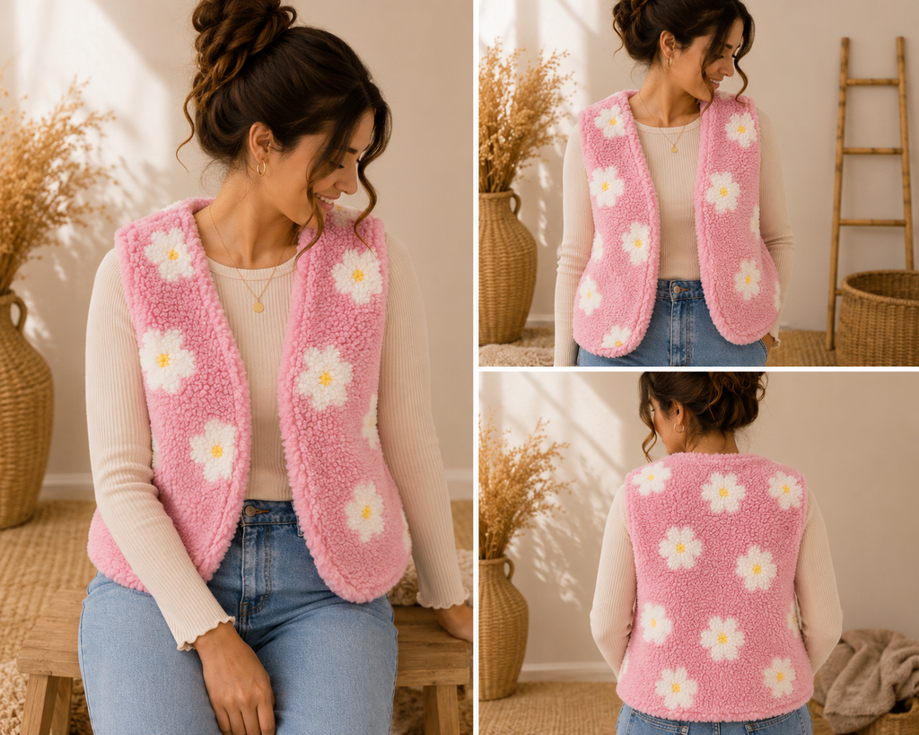 Partnerlook Teddyweste Mama & Kind – Wendeweste mit Blumen Rosa | Handmade Fotoshooting-Outfit