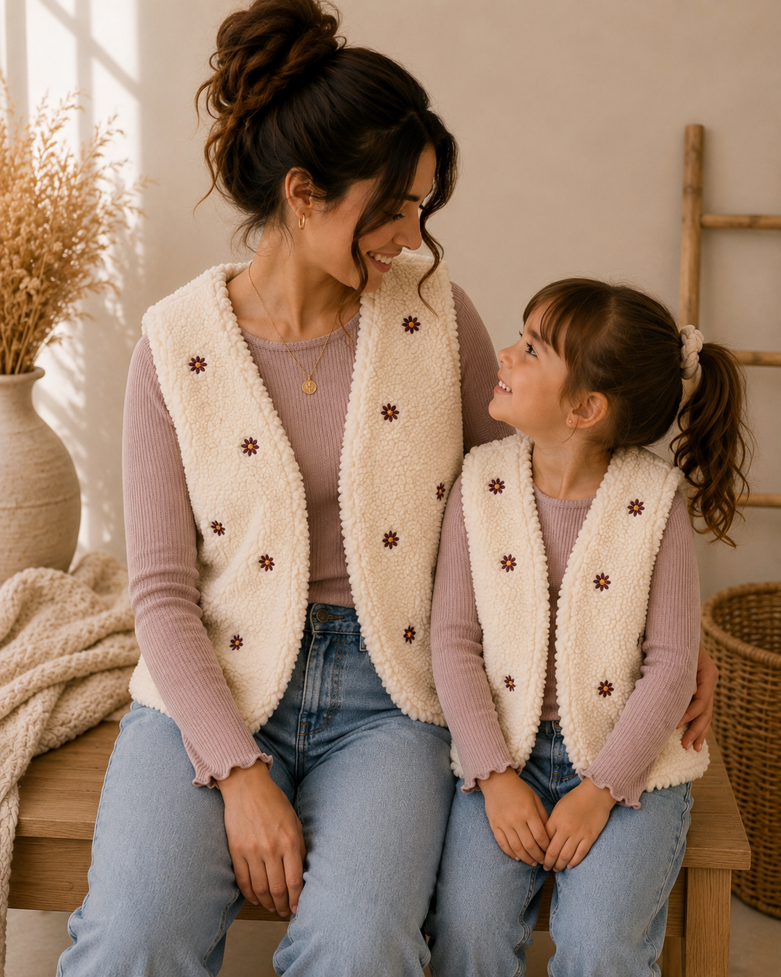 Partnerlook Teddyweste Mama & Kind – Wendeweste mit bestickten Blumen in Ecru | Handmade Fotoshooting-Outfit