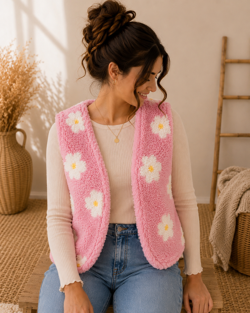 Partnerlook Teddyweste Mama & Kind – Wendeweste mit Blumen Rosa | Handmade Fotoshooting-Outfit