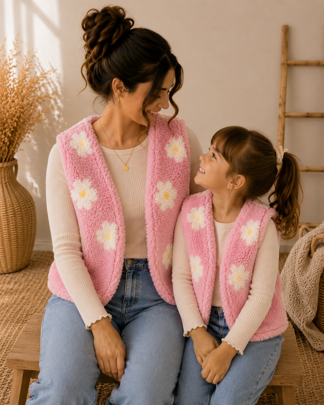 Partnerlook Teddyweste Mama & Kind – Wendeweste mit Blumen Rosa | Handmade Fotoshooting-Outfit