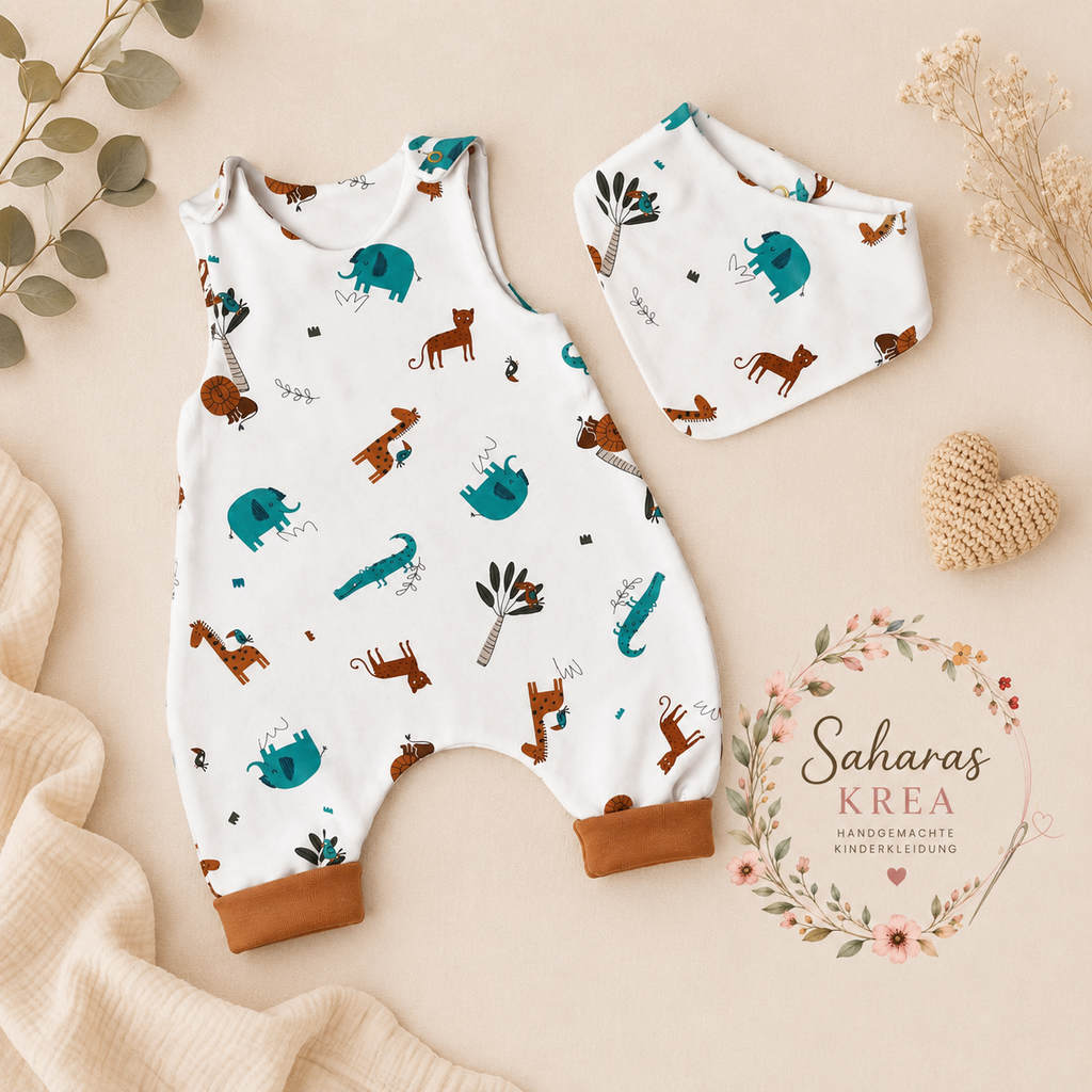 Safari Strampler mit Halstuch – Handmade Baby Strampler aus Jersey | Unisex Babykleidung