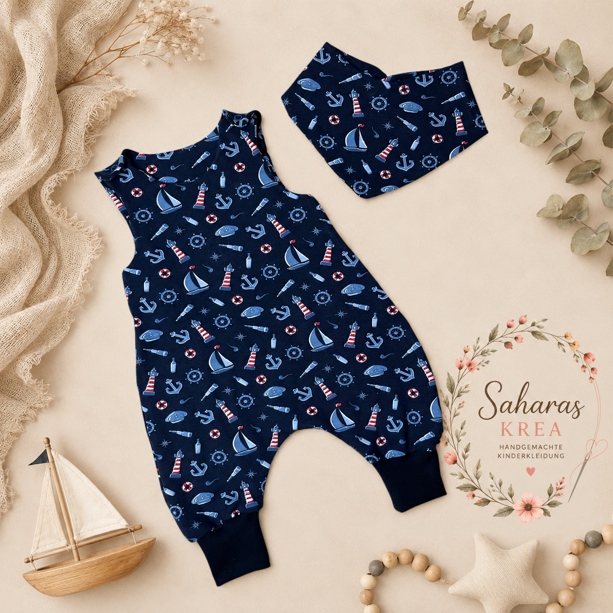 Handmade Strampler mit Halstuch Maritim – Baby Strampler aus Jersey | Unisex