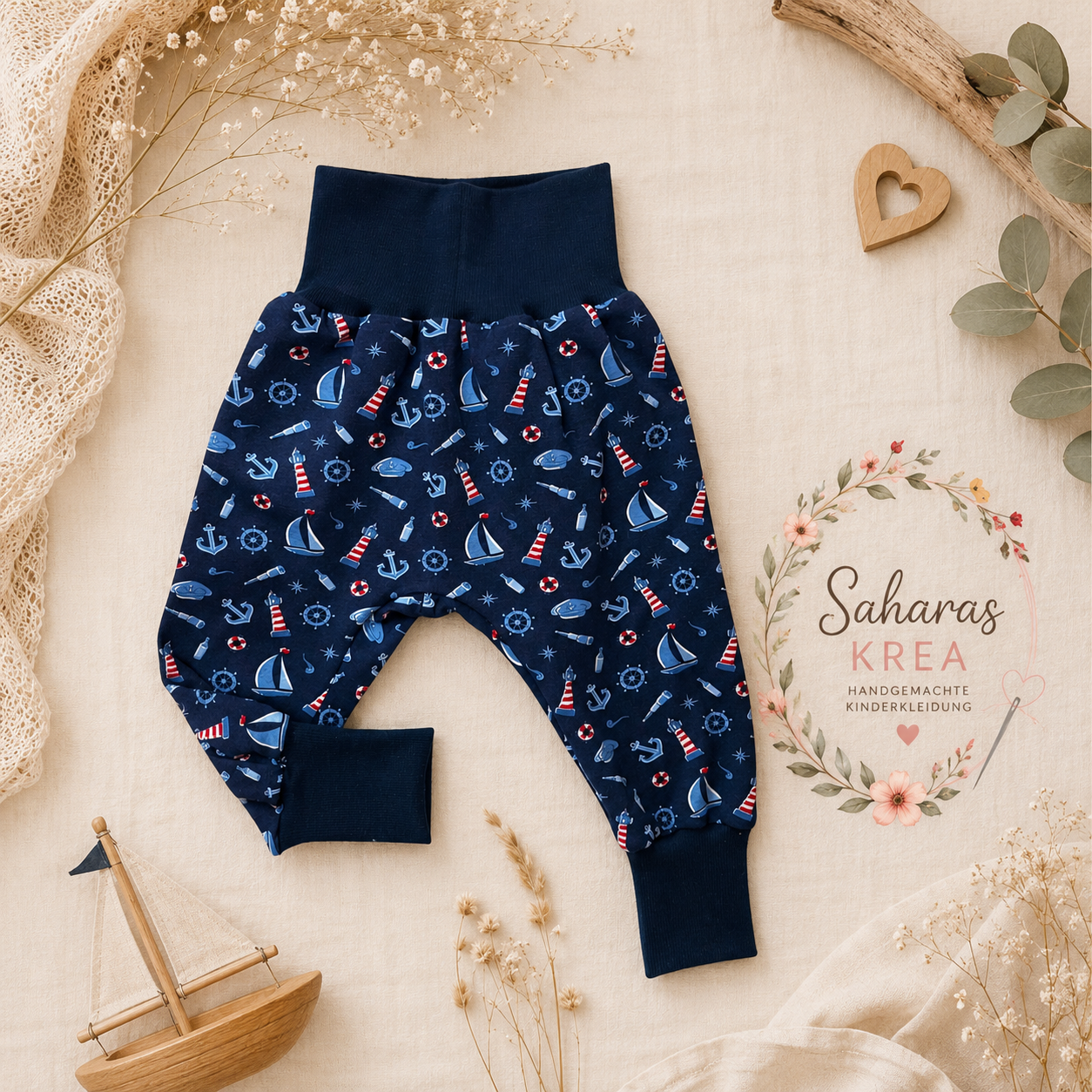 Handmade Pumphose Maritim – Mitwachshose für Babys & Kinder | Marineblau | Saharas Krea