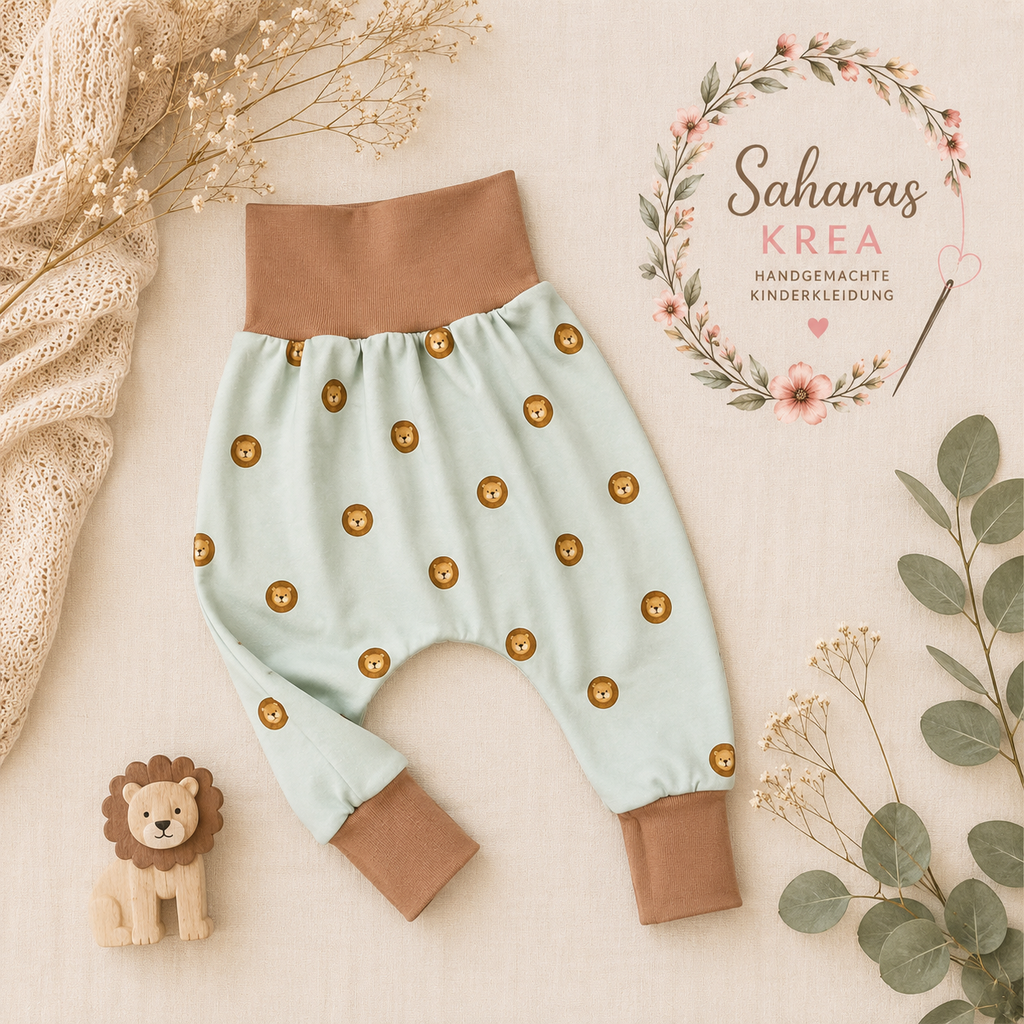 Pumphose Baby & Kinder Löwen – Handgenähte Mitwachshose aus Jersey
