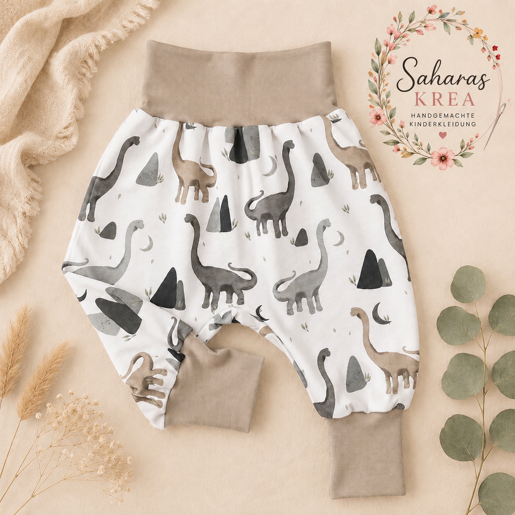 Dino Pumphose Baby & Kinder – Mitwachshose aus Jersey in Weiß