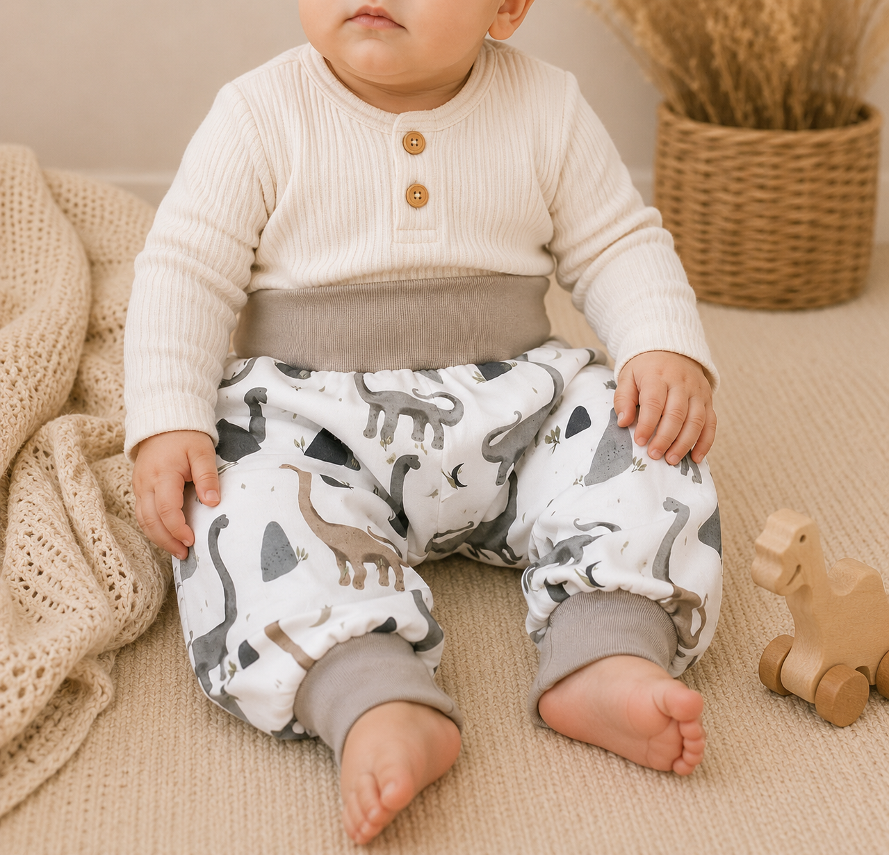 Dino Pumphose Baby & Kinder – Mitwachshose aus Jersey in Weiß