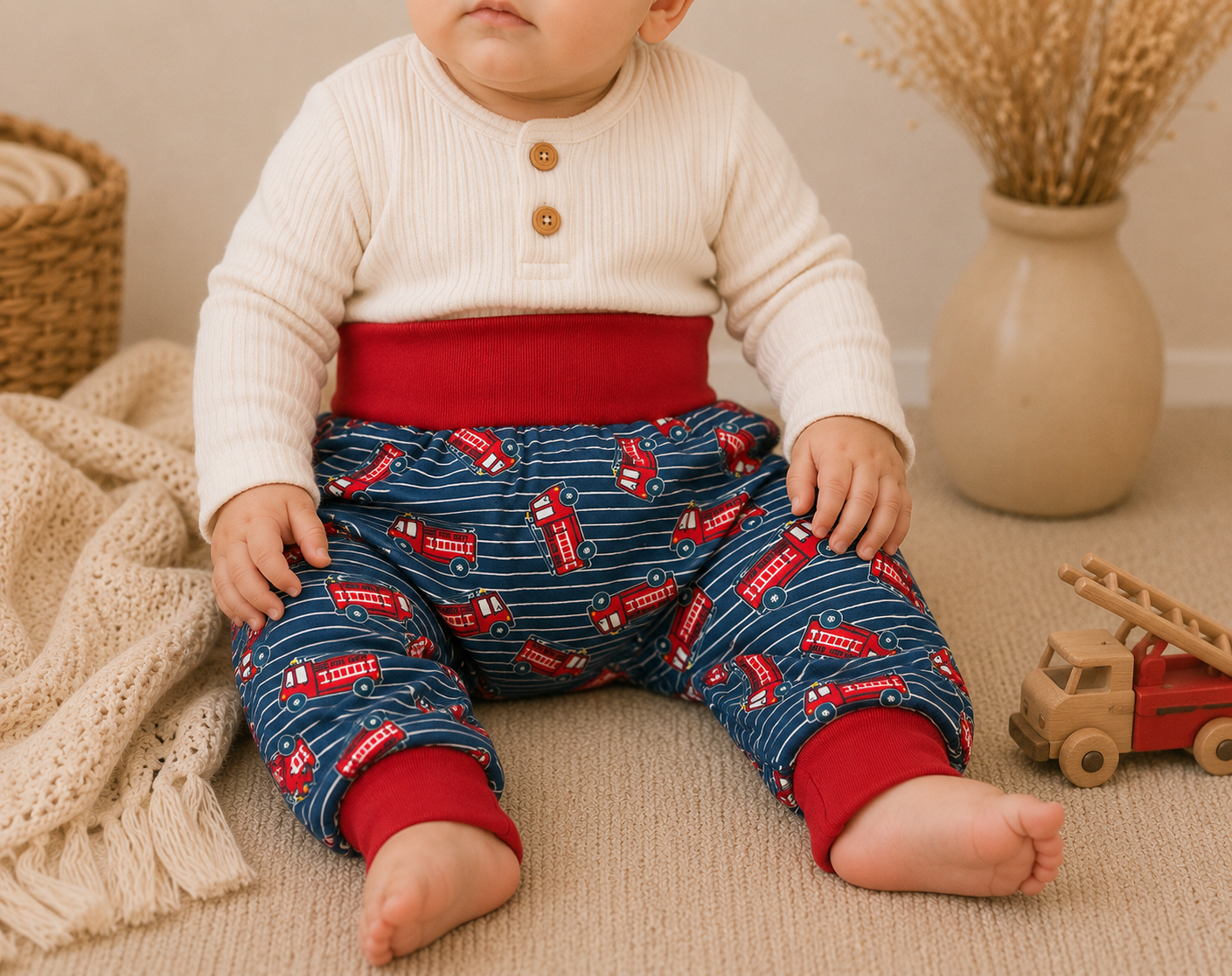 Handmade Feuerwehr-Pumphose aus Jersey – Bequeme Baby- & Kinderhose mit roten Bündchen