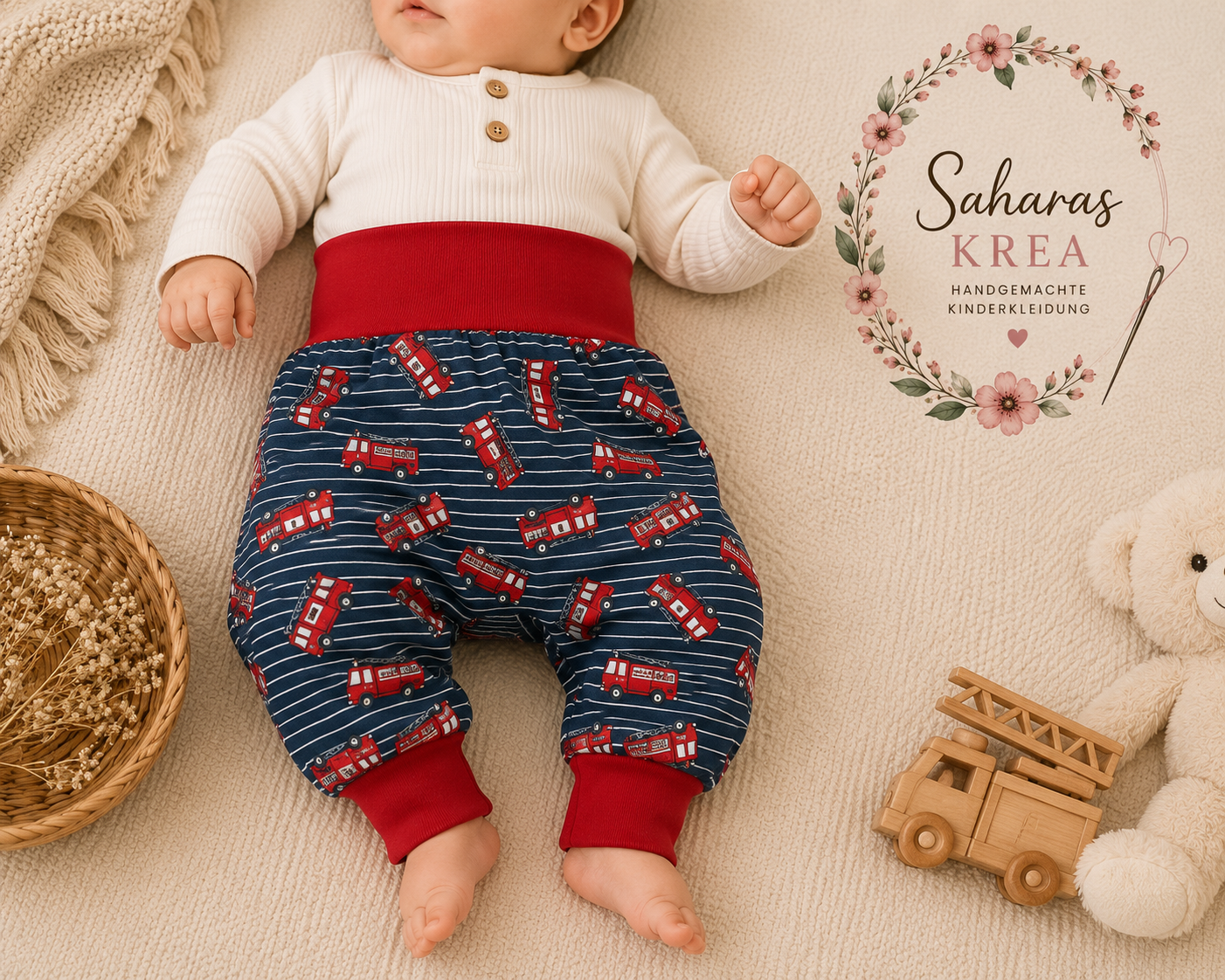Handmade Feuerwehr-Pumphose aus Jersey – Bequeme Baby- & Kinderhose mit roten Bündchen