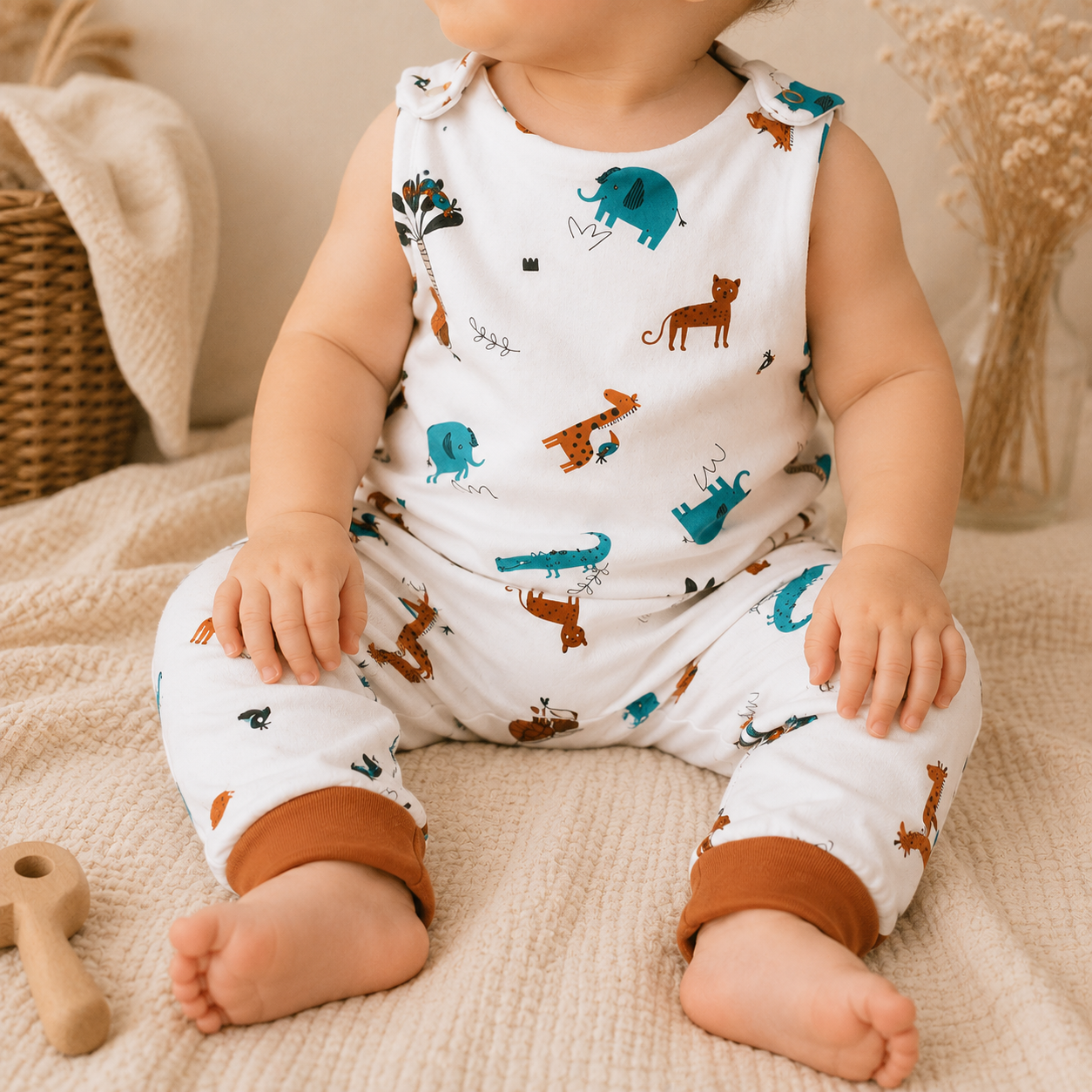 Safari Strampler mit Halstuch – Handmade Baby Strampler aus Jersey | Unisex Babykleidung