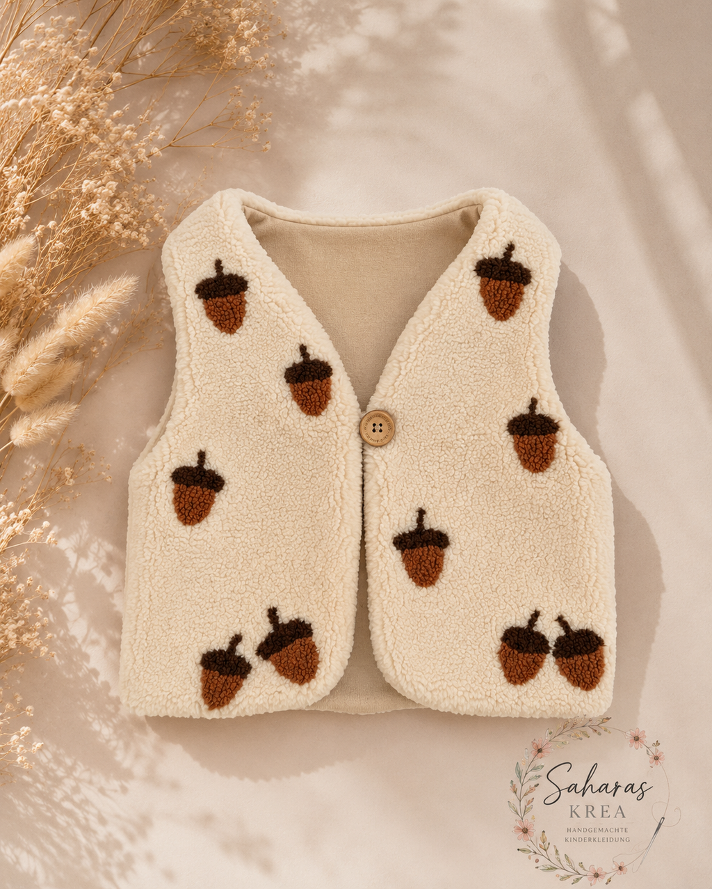 Teddyweste Eicheln Ecru für Babys & Kinder – Teddyweste mit sandfarbenem Jerseyfutter