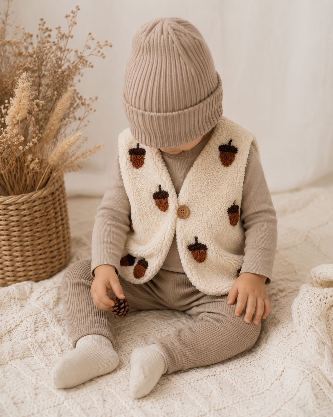 Teddyweste Eicheln Ecru für Babys & Kinder – Teddyweste mit sandfarbenem Jerseyfutter