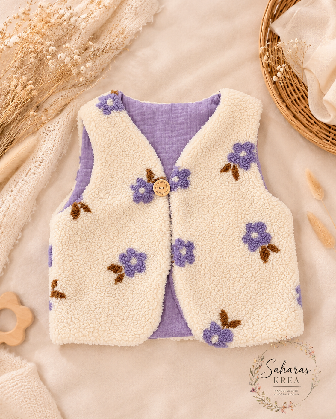 Handmade Teddyweste Blumen Flieder – Kuschelweste für Babys & Kinder mit Musselinfutter