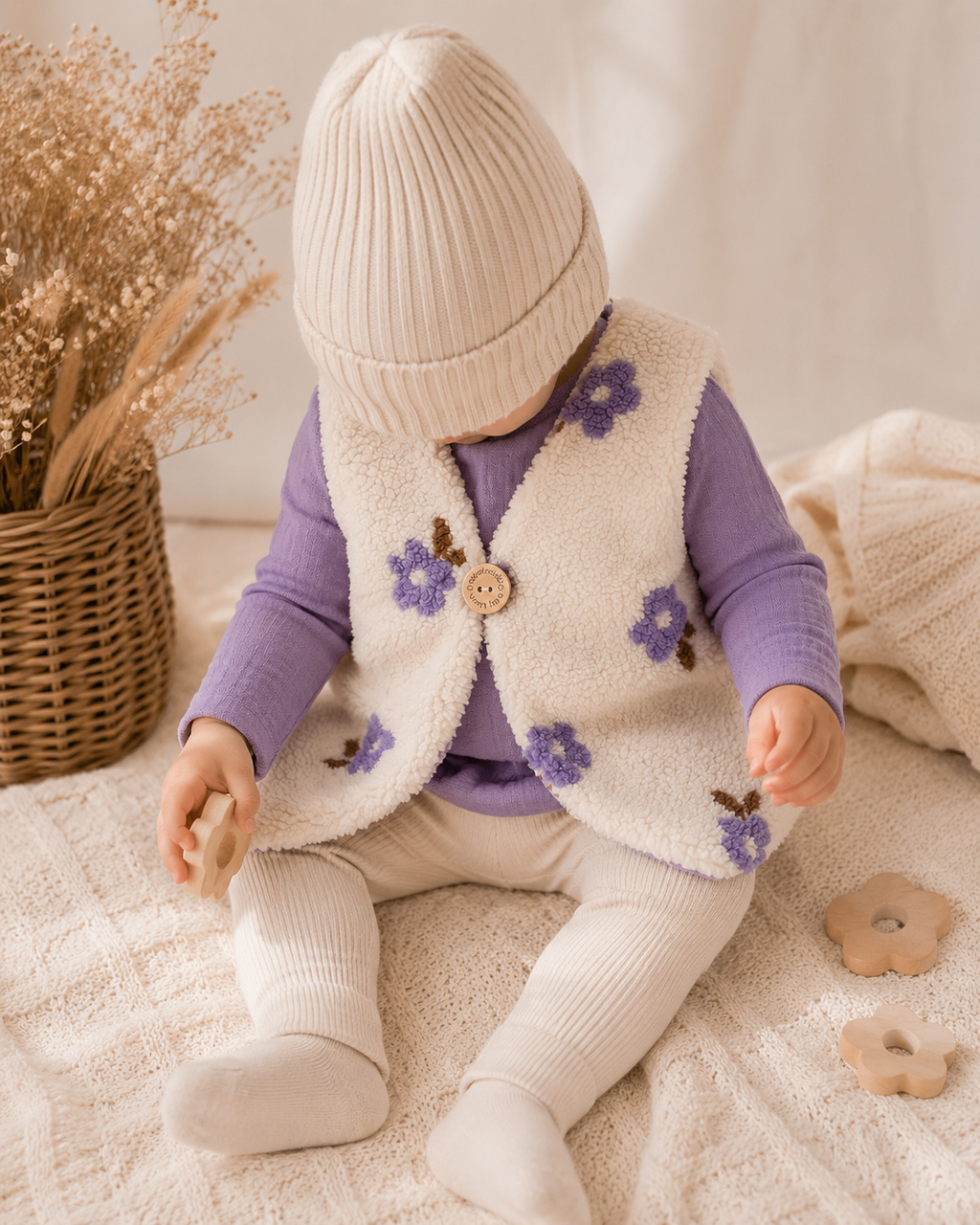 Handmade Teddyweste Blumen Flieder – Kuschelweste für Babys & Kinder mit Musselinfutter